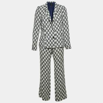 Isabel Marant Off-White & Navy Blue Patterned Crepe Blazer & Pant Suit M