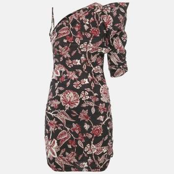 Pre Owned Isabel Marant Brown Floral Print Cotton One Shoulder Mini Dress S