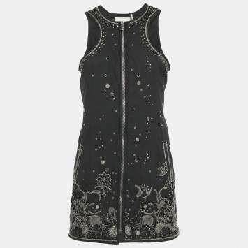Pre Owned Isabel Marant Black Floral Embellished Cotton Zip Front Mini Dress M