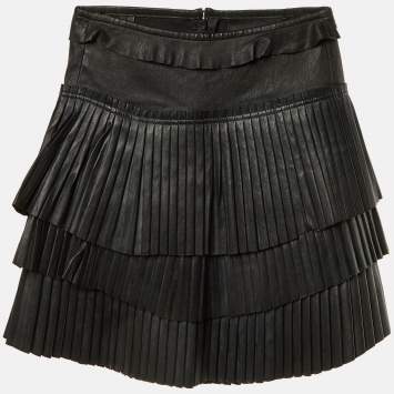Pre Owned Isabel Marant Black Leather Pleated Tiered Mini Skirt S 