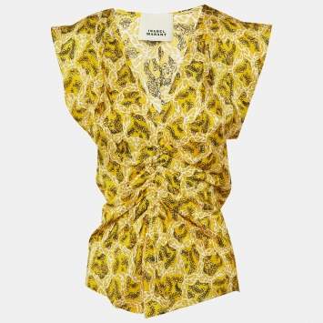 مملوكة مسبقًا Isabel Marant Yellow Printed Silk Lonea Ruched Top S