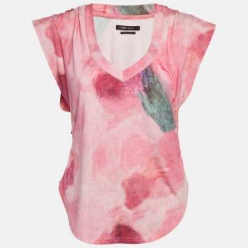 Pre Owned Isabel Marant Pink Floral Print Jersey V-Neck T-Shirt M