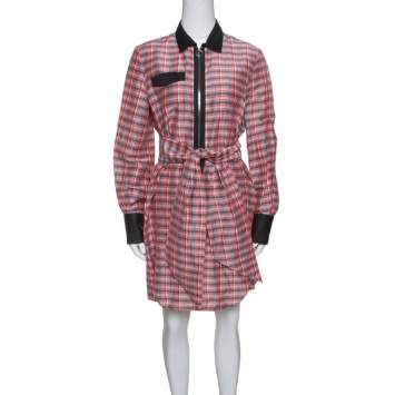 Pre Owned Isabel Marant Checked Ramie and Silk Contrast Trim Belted Mofira Shirt Dress M