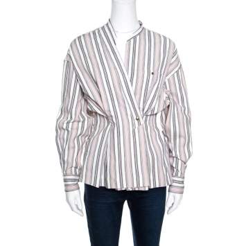 Pre Owned Isabel Marant Pink and White Striped Cotton Jacquard Wrap Front Silvia Shirt M