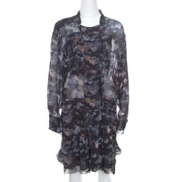 Pre Owned Isabel Marant Grey Printed Silk Belted Carla Dress M