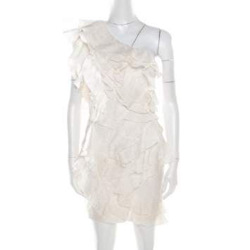 Pre Owned Isabel Marant Off White Floral Patterned Silk Ruffled Tiered One Shoulder Dress S
