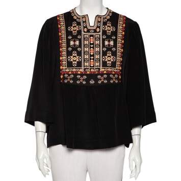 Pre Owned Isabel Marant Black Silk Embroidered Roma Top L