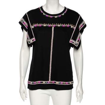 Pre Owned Isabel Marant Black Cotton Embellished Round Neck Top L 