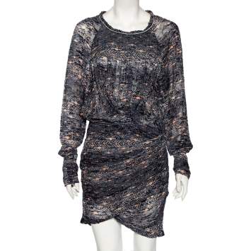 Pre Owned Isabel Marant Blue Printed Synthetic Long Sleeve Ellos Ikat Short Dress M