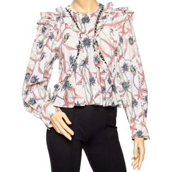 Pre Owned Isabel Marant Multicolored Printed Cotton Ruffle Trimmed Blouse S