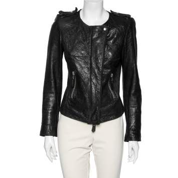 Pre Owned Isabel Marant Black Textured Leather Zip Front Jacket XS