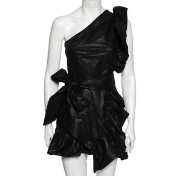 Pre Owned Isabel Marant Black Cotton & Linen One-Shoulder Flounced Dress S 