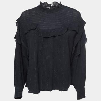 Pre Owned Isabel Marant Black Crinkled Cotton & Silk Ruffled Blouse M