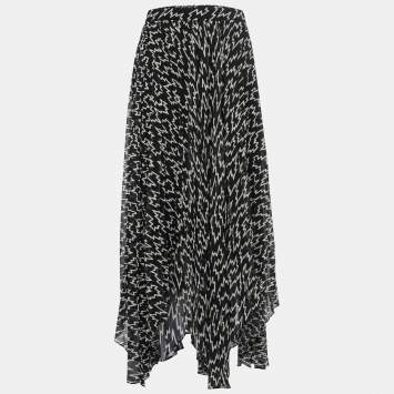Pre Owned Isabel Marant Black Printed Crepe Pleated Asymmetrical Skirt M