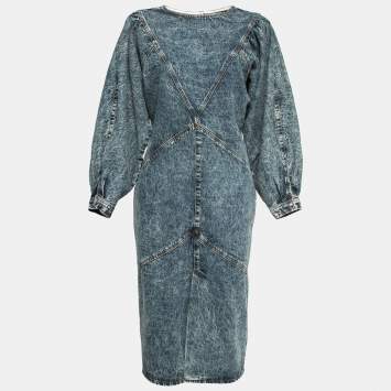 Pre Owned Isabel Marant Blue Marble Dyed Denim Midi Dress M
