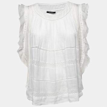 Pre Owned Isabel Marant White Ramie Pleated Front Lace Trimmed Top M