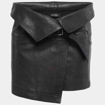 Pre Owned Isabel Marant Black Leather Fold Over Mini Skirt M