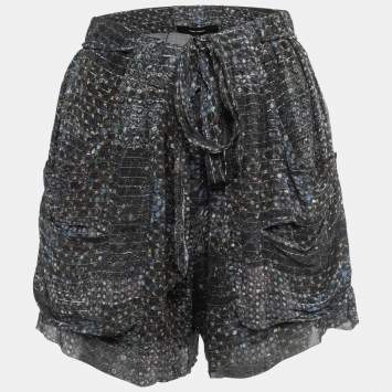 Pre Owned Isabel Marant Navy Blue Printed Silk & Lurex Shorts M