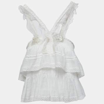 Pre Owned Isabel Marant White Ramie & Silk Lace Trimmed Ruffle Top M