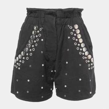 Pre Owned Iabel Marant Black Studded Cotton Paper Bag Shorts S