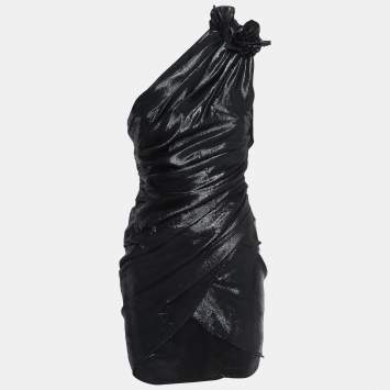 Pre Owned Isabel Marant Black Lame Draped One Shoulder Mini Dress M