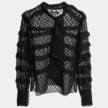 Pre Owned Isabel Marant Black Polka Dot Metallic Chiffon Ruffled Blouse S