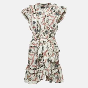 Pre Owned Isabel Marant Multicolor Print Studded Cotton Ruffle Belted Mini Dress L
