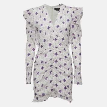 Pre Owned Isabel Marant White Floral Print Silk Blend Ruch Detailed Etya Mini Dress M
