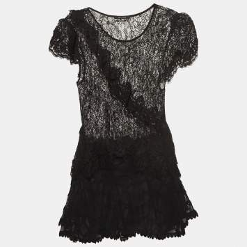 Pre Owned Isabel Marant Black Patterned Lace Top and Skirt Set S/M
