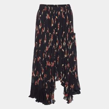 Pre Owned Isabel Marant Black Floral Print Crepe Pleated Midi Skirt S