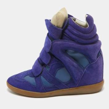 Pre Owned Isabel Marant Blue Leather and Suede Bekett Wedge Sneakers Size 37