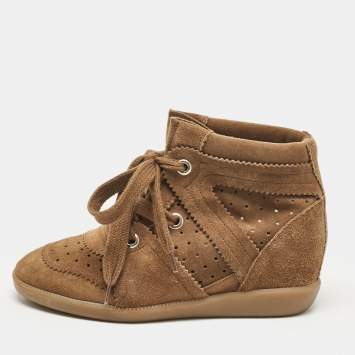 Pre Owned Isabel Marant Brown Suede Bobby Wedge Sneakers Size 36