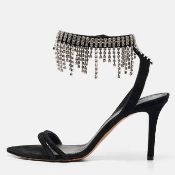 Pre Owned Isabel Marant Black Suede Crystal Embellished Ankle Strap Sandals Size 38