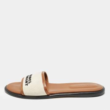 Isabel Marant Off White/Brown Canvas and Leather Vikee Flat Slide Sandals Size 39