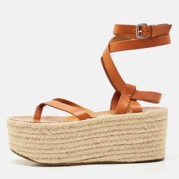 Pre Owned Isabel Marant Tan Leather Ankle Wrap Platform Espadrille Sandals Size 37