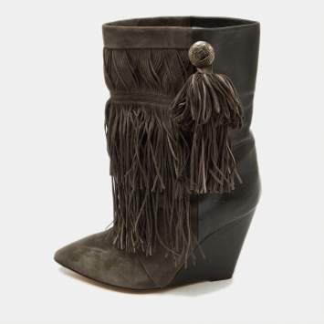 Isabel Marant Dark Grey Suede and Leather Mony Fringe Ankle Wedge Boots Size 39