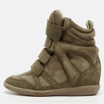 Pre Owned Isabel Marant Taupe Green/Brown Suede and Leather Bekett Wedge Sneakers Size 37