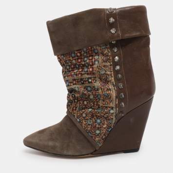 Pre Owned Isabel Marant Khaki/Multicolor Leather, Suede and Velvet Studded Mid Calf Wedge Boots Size 38