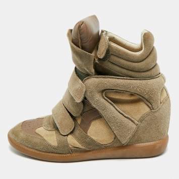 Pre Owned Isabel Marant Bekett Size 40 Grey Leather and Suede Wedge Sneakers