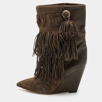 مملوكة مسبقًا Isabel Marant Mony Fringe Size 38 Brown Suede and Leather Wedge Ankle Boots