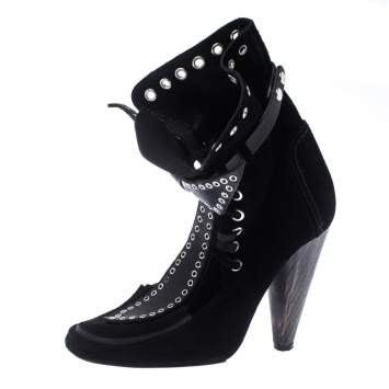 Pre Owned Isabel Marant Black Suede Eyelet Cut Out Bow Ankle Boots Size 37