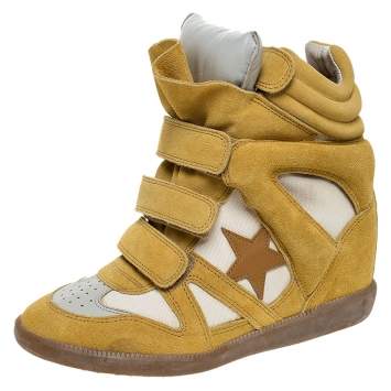 Pre Owned Isabel Marant Yellow/Beige Suede and Canvas Bayley Star Wedge Sneakers Size 37