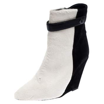 Pre Owned Isabel Marant Black/White Pony Hair and Suede Wedge Ankle Boots Size 38