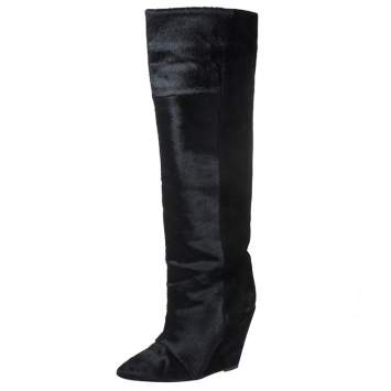 Pre Owned Isabel Marant Black Calfhair Knee Length Wedge Boots Size 38