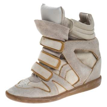 Pre Owned Isabel Marant Grey/Brown Suede And Leather Bekett Wedge Sneakers Size 40