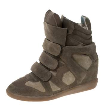 Pre Owned Isabel Marant Olive Green Suede And Leather Trim Bekett Wedge Sneakers Size 37