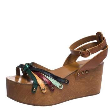 Pre Owned Isabel Marant Multicolor Leather Zia Wooden Wedge Ankle Strap Sandals Size 37