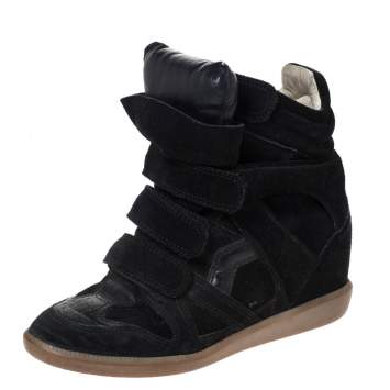 Pre Owned Isabel Marant Black Suede And Leather Bekett Wedge High Top Sneakers Size 38