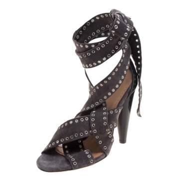 Pre Owned Isabel Marant Grey Eyelet Suede Anaid Cross Strap Wrap Around Sandals Size 40