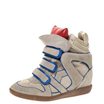 Pre Owned Isabel Marant Grey Suede with Metalllic Blue/Red Leather Trim Bekett Wedge Sneakers Size 39